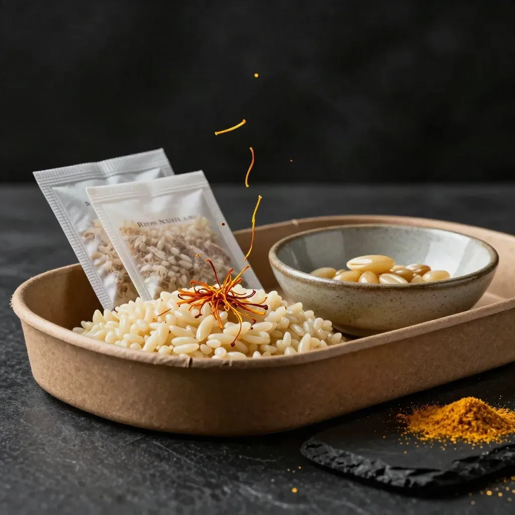 Kit risotto allo zafferano con bustine di spezie, fili di zafferano e ciotola su pietra scura.