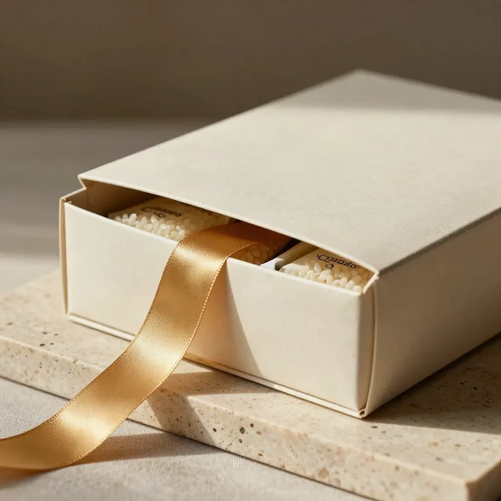 Scatola regalo aperta con tre pacchi di riso su travertino, nastro e carta piegata.