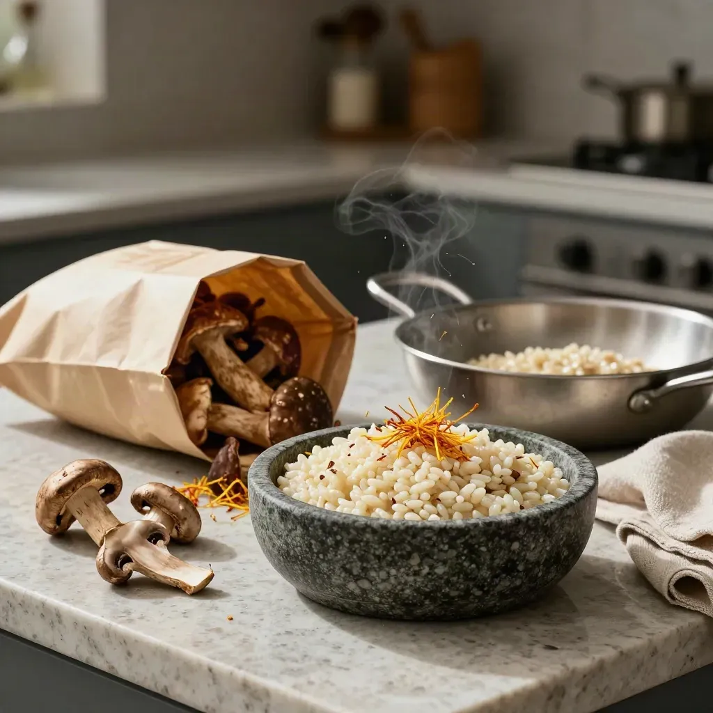 Set risotto con porcini secchi, zafferano e riso su pietra, luce calda e vapore.