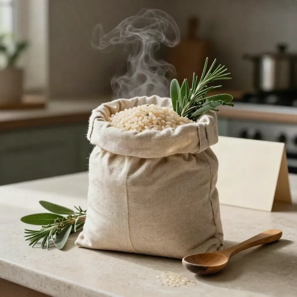 Sacco di riso Carnaroli bio con tela di canapa, erbe fresche e cucchiaio su piano in pietra.