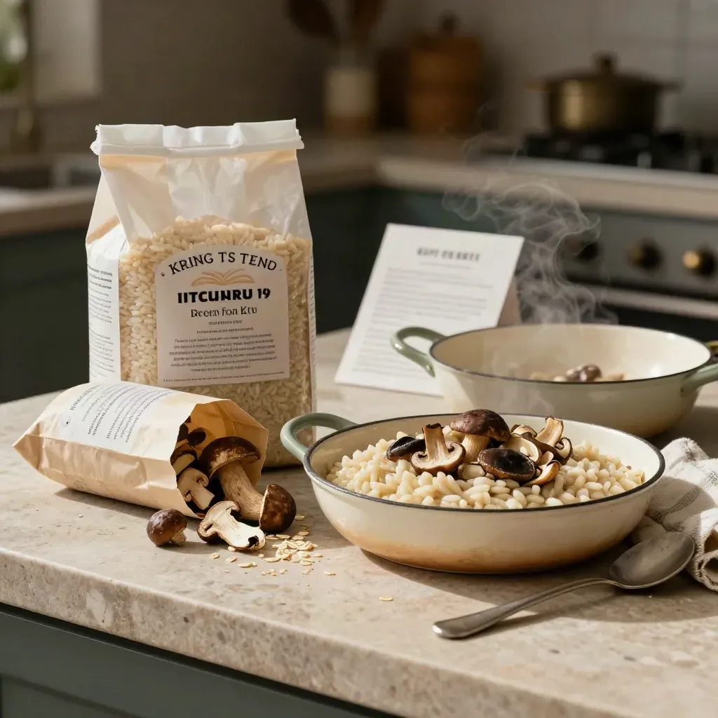 Kit risotto ai funghi con porcini secchi, riso e casseruola smaltata su pietra.
