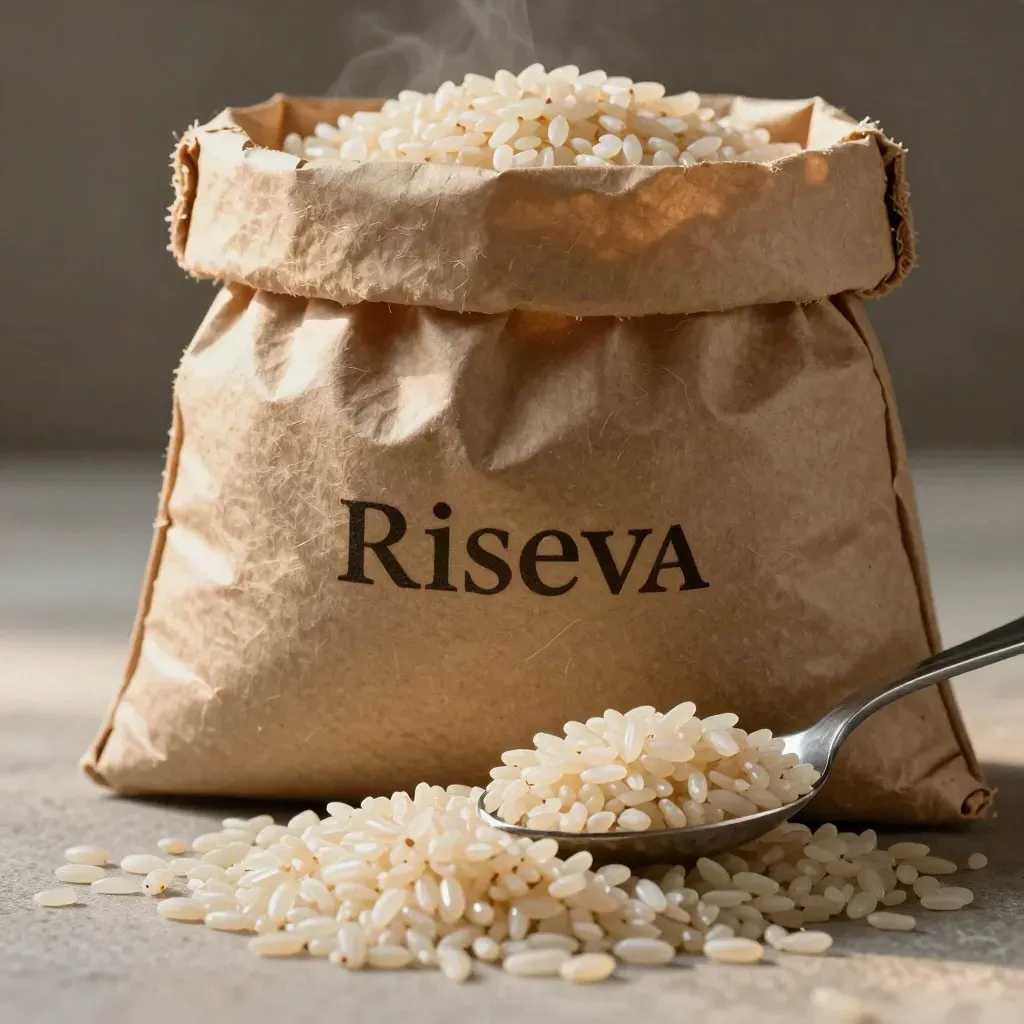 Sacchetto di riso Arborio su pietra impilata con cucchiaio di riso lucido e vapore.